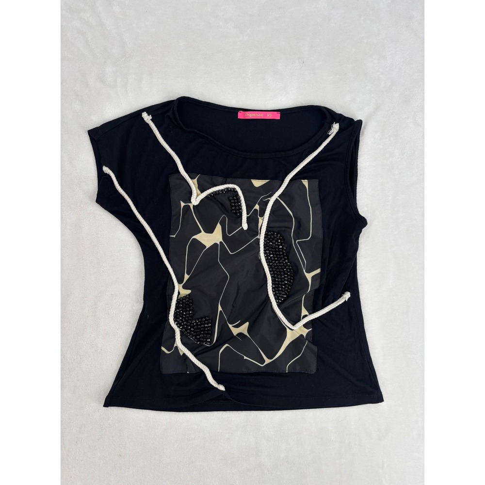 Dymane Black Avant-Garde Sleeveless Top Beaded Rope Detail XS Made in Turkey